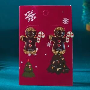 Gingerbread-man Christmas Brown Gold CandyCane Earrings